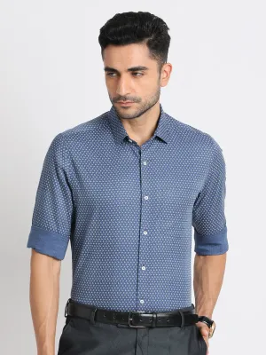 Cotton Tencel Slate Blue Printed Slim Fit Full Sleeve Formal Shirt