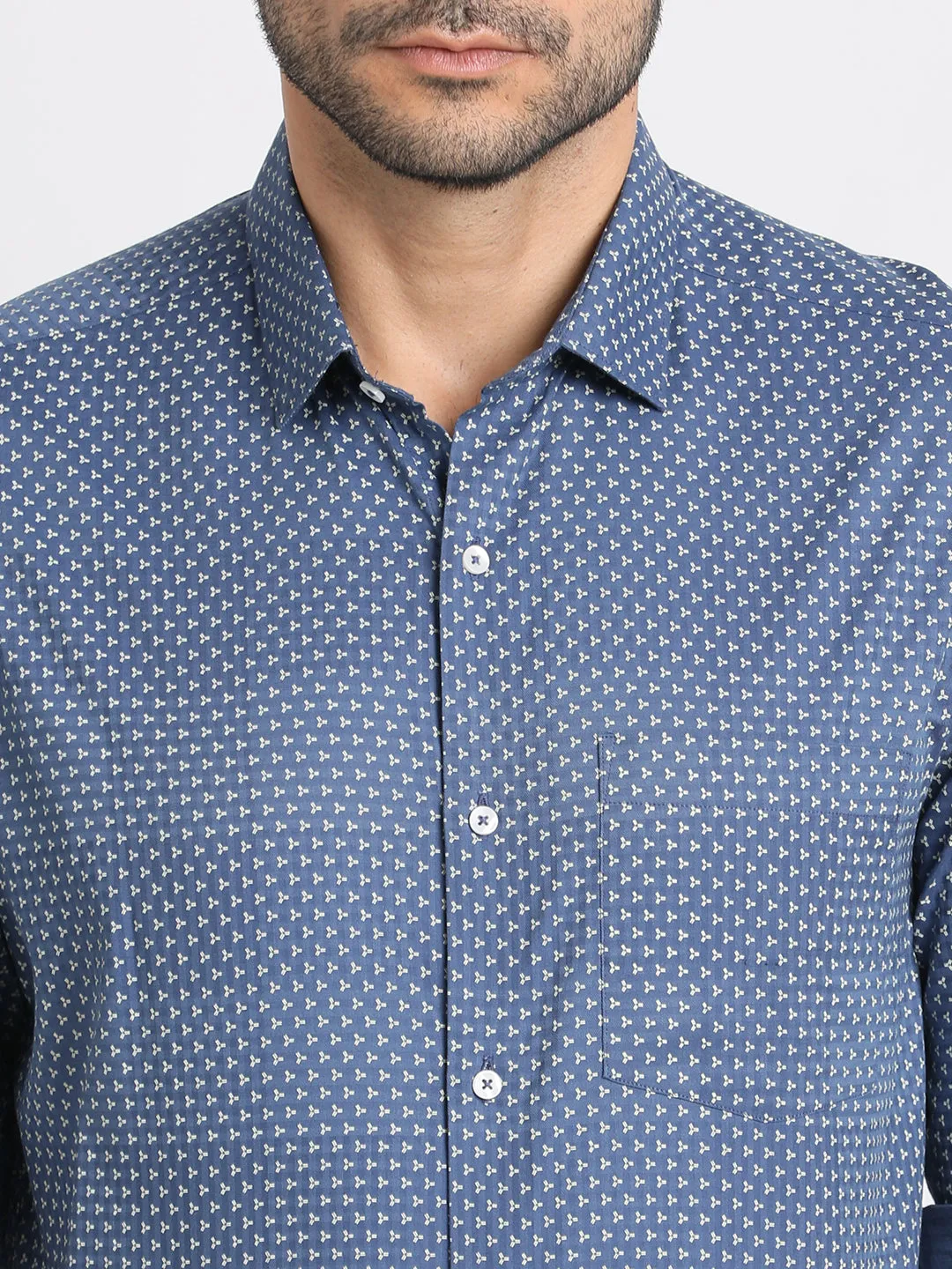 Cotton Tencel Slate Blue Printed Slim Fit Full Sleeve Formal Shirt