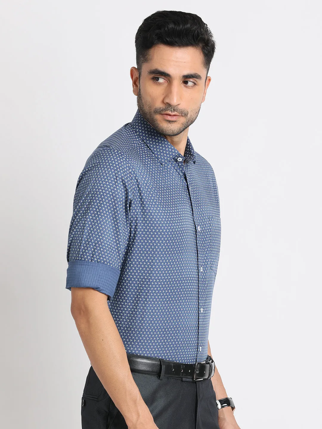 Cotton Tencel Slate Blue Printed Slim Fit Full Sleeve Formal Shirt