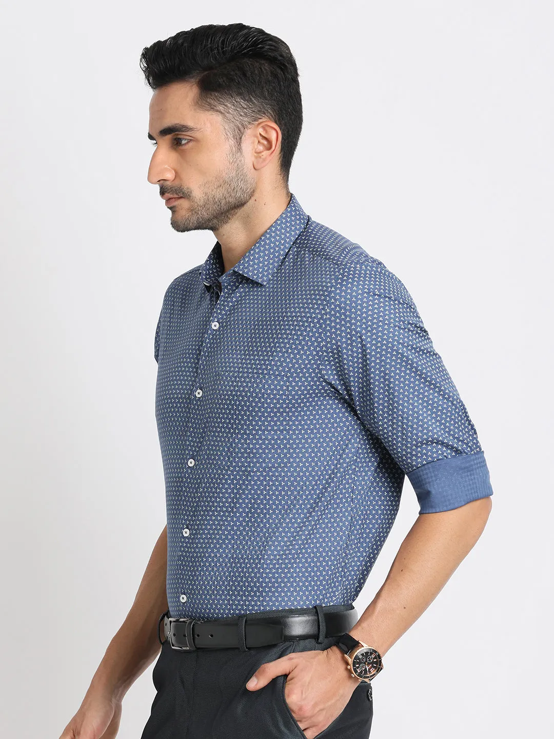 Cotton Tencel Slate Blue Printed Slim Fit Full Sleeve Formal Shirt