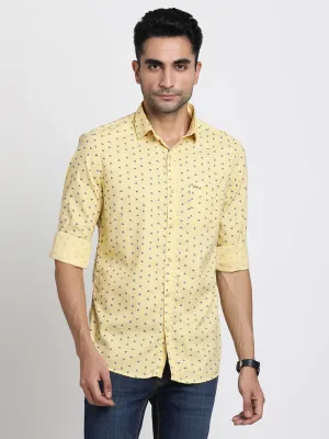 Cotton Tencel Yellow Printed Slim Fit Full Sleeve Casual Shirt