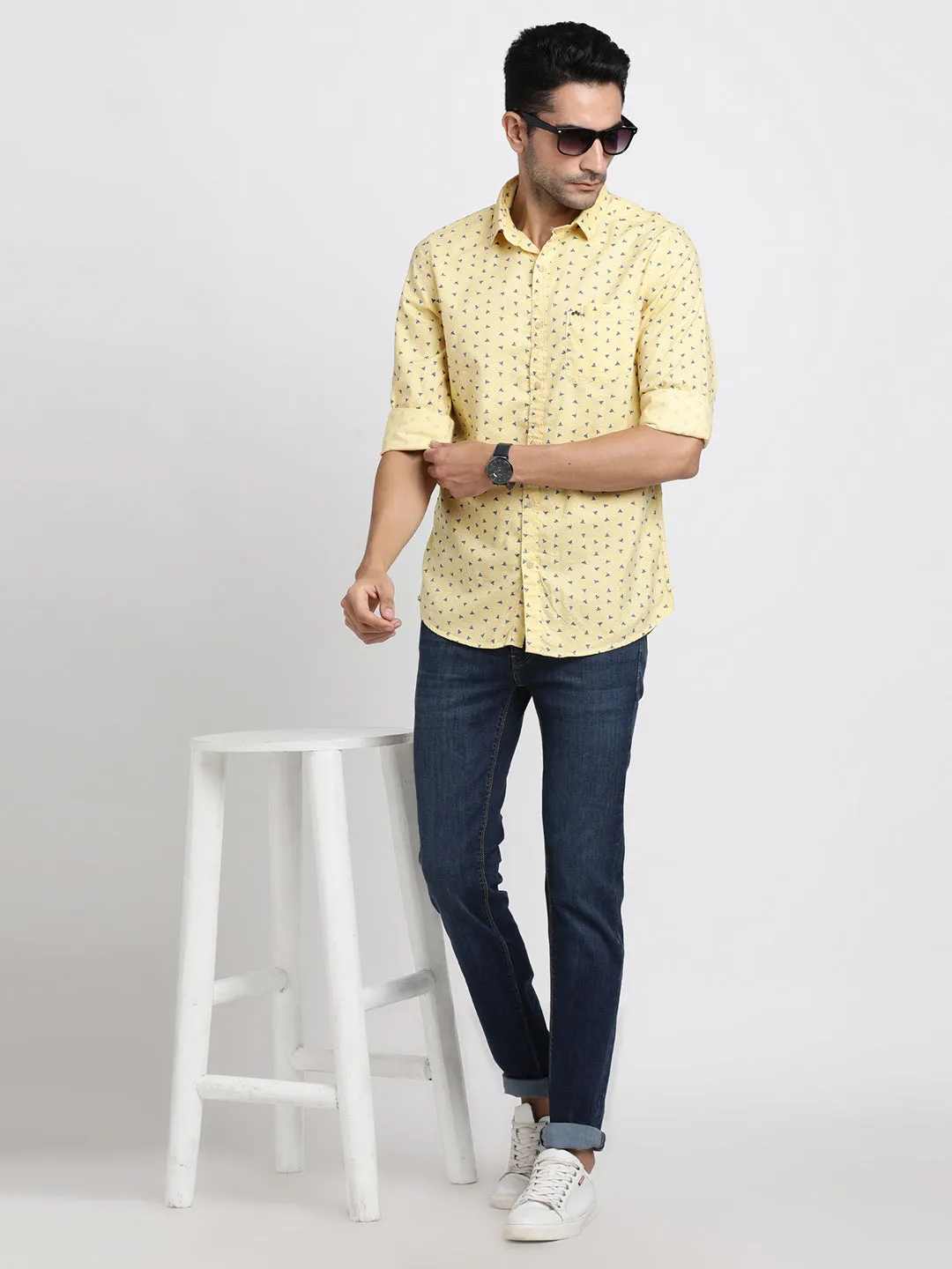 Cotton Tencel Yellow Printed Slim Fit Full Sleeve Casual Shirt