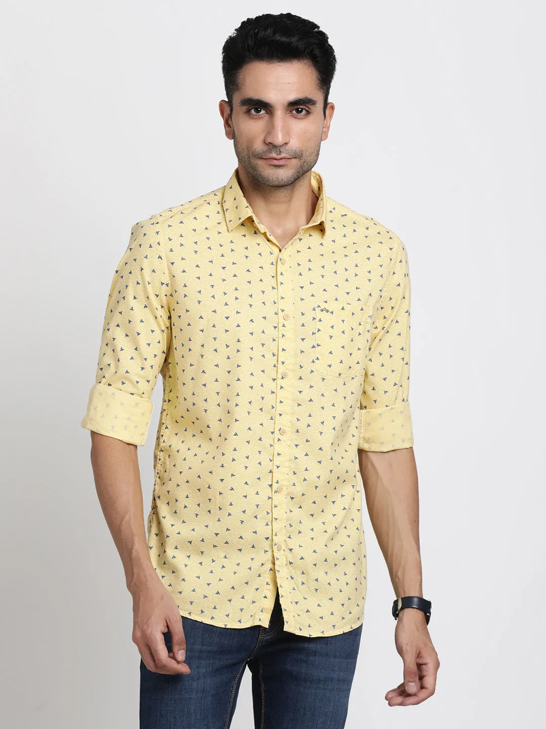 Cotton Tencel Yellow Printed Slim Fit Full Sleeve Casual Shirt