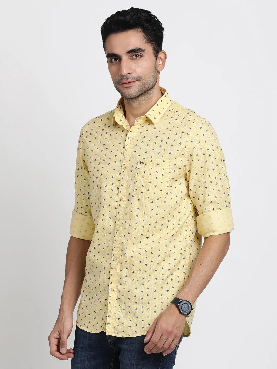 Cotton Tencel Yellow Printed Slim Fit Full Sleeve Casual Shirt