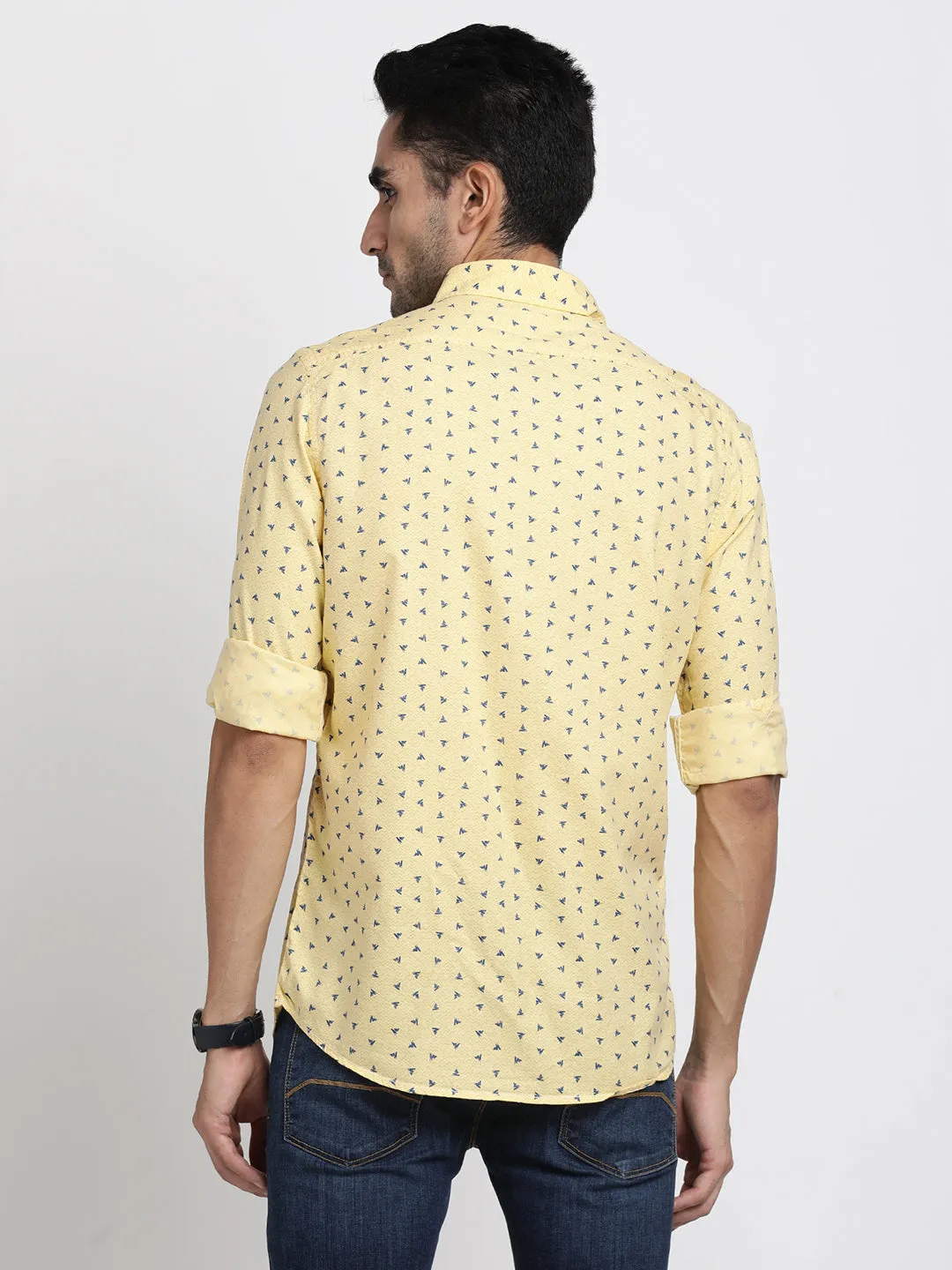 Cotton Tencel Yellow Printed Slim Fit Full Sleeve Casual Shirt