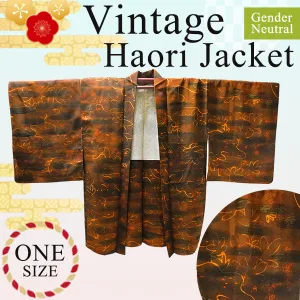 Gender-Neutral Vintage Haori Jacket ,Pine tree design with dewdrops on brown ground.