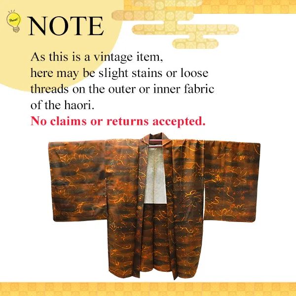 Gender-Neutral Vintage Haori Jacket ,Pine tree design with dewdrops on brown ground.