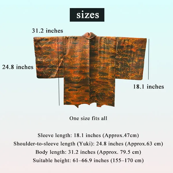 Gender-Neutral Vintage Haori Jacket ,Pine tree design with dewdrops on brown ground.