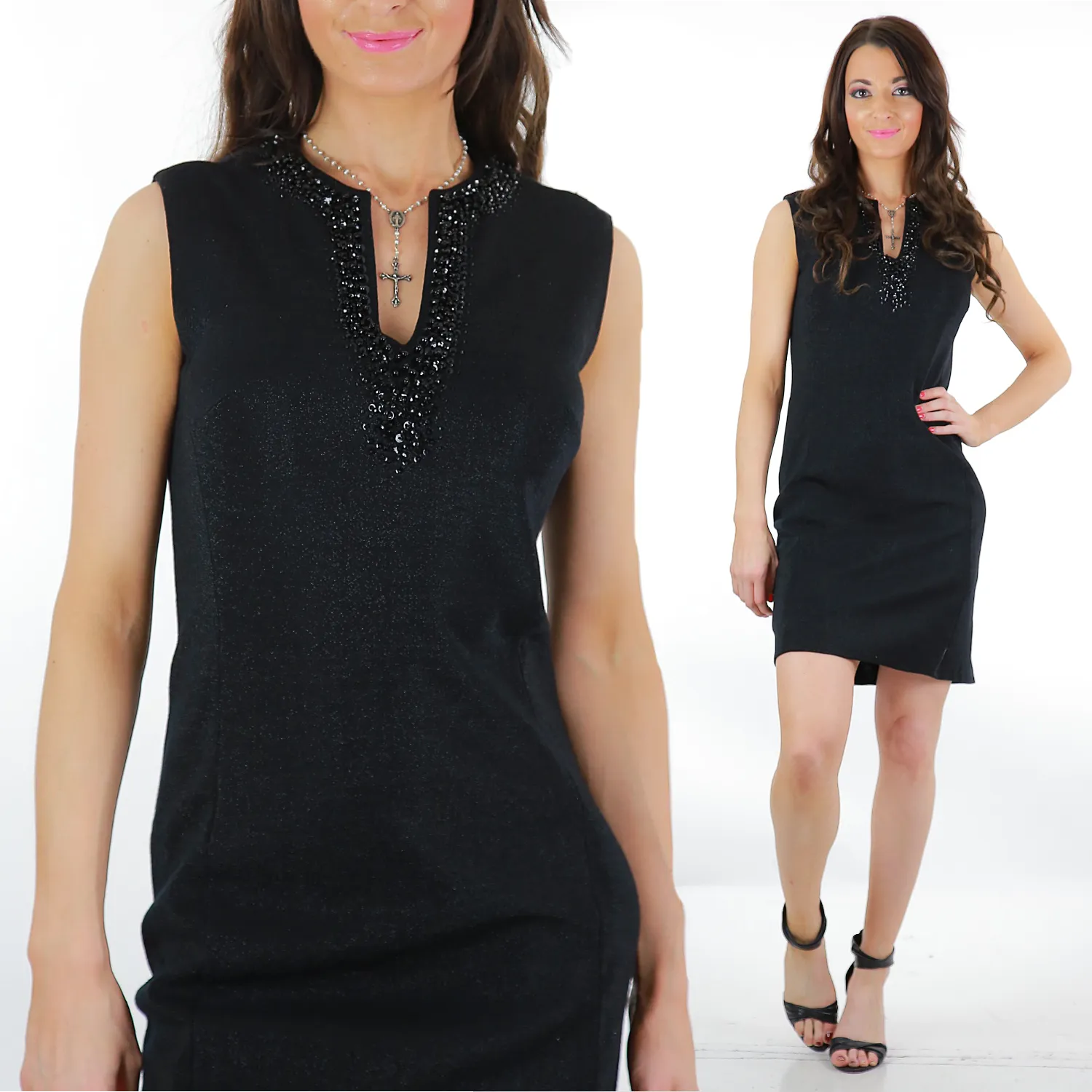 Genuine vintage 60s 70s beaded black cocktail party sheath dress  M