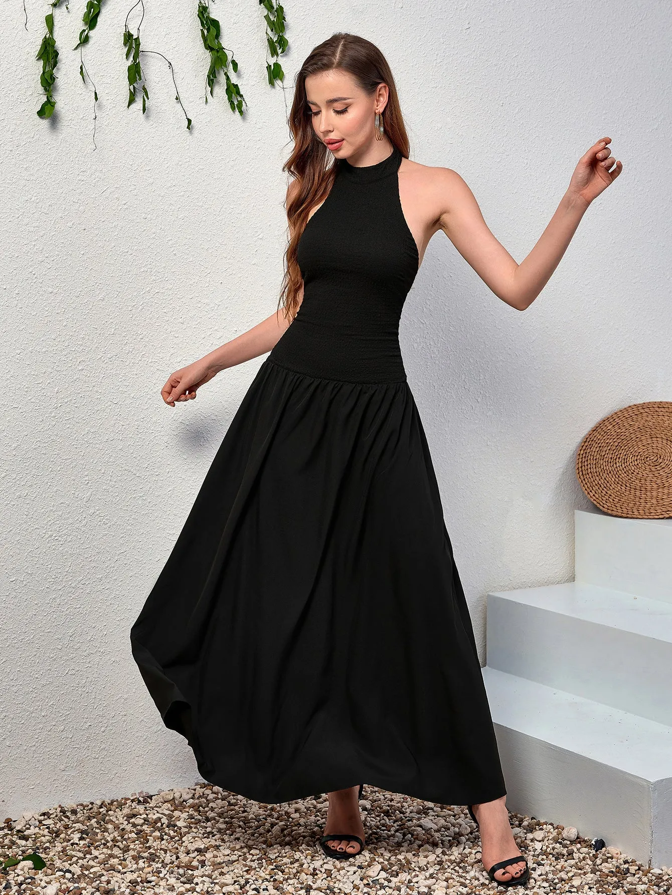 Halter Backless Flared Hem Long Dress