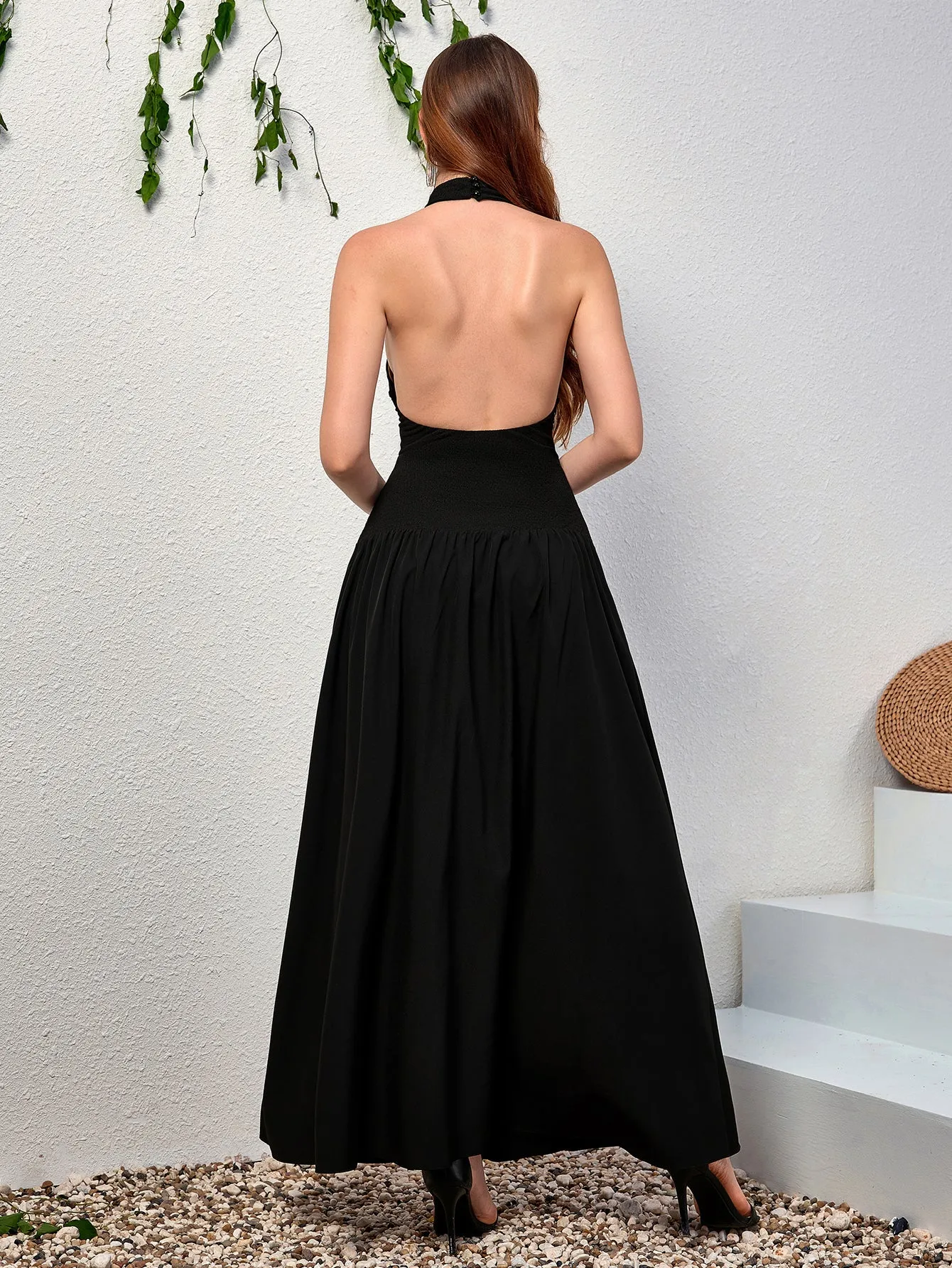 Halter Backless Flared Hem Long Dress