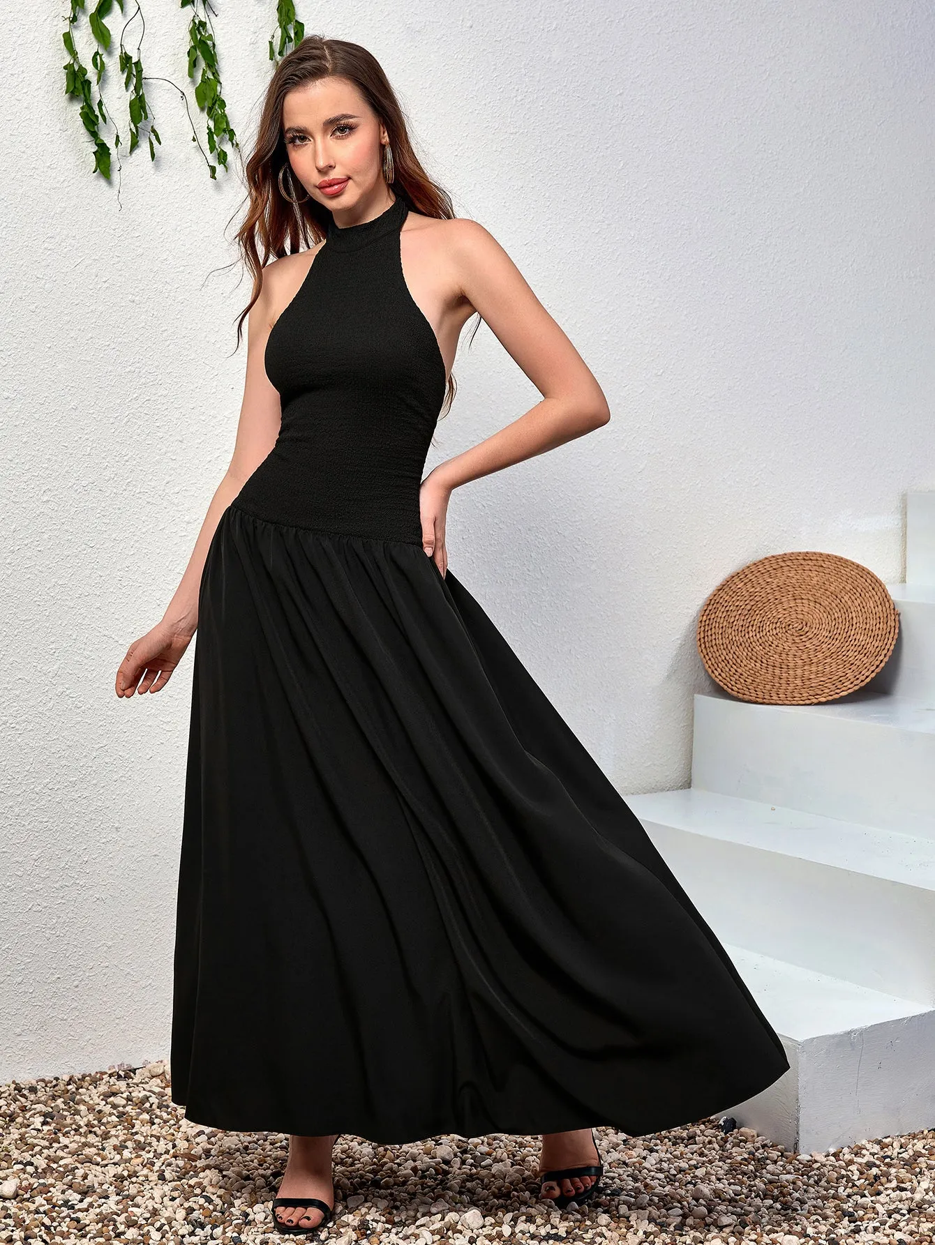 Halter Backless Flared Hem Long Dress