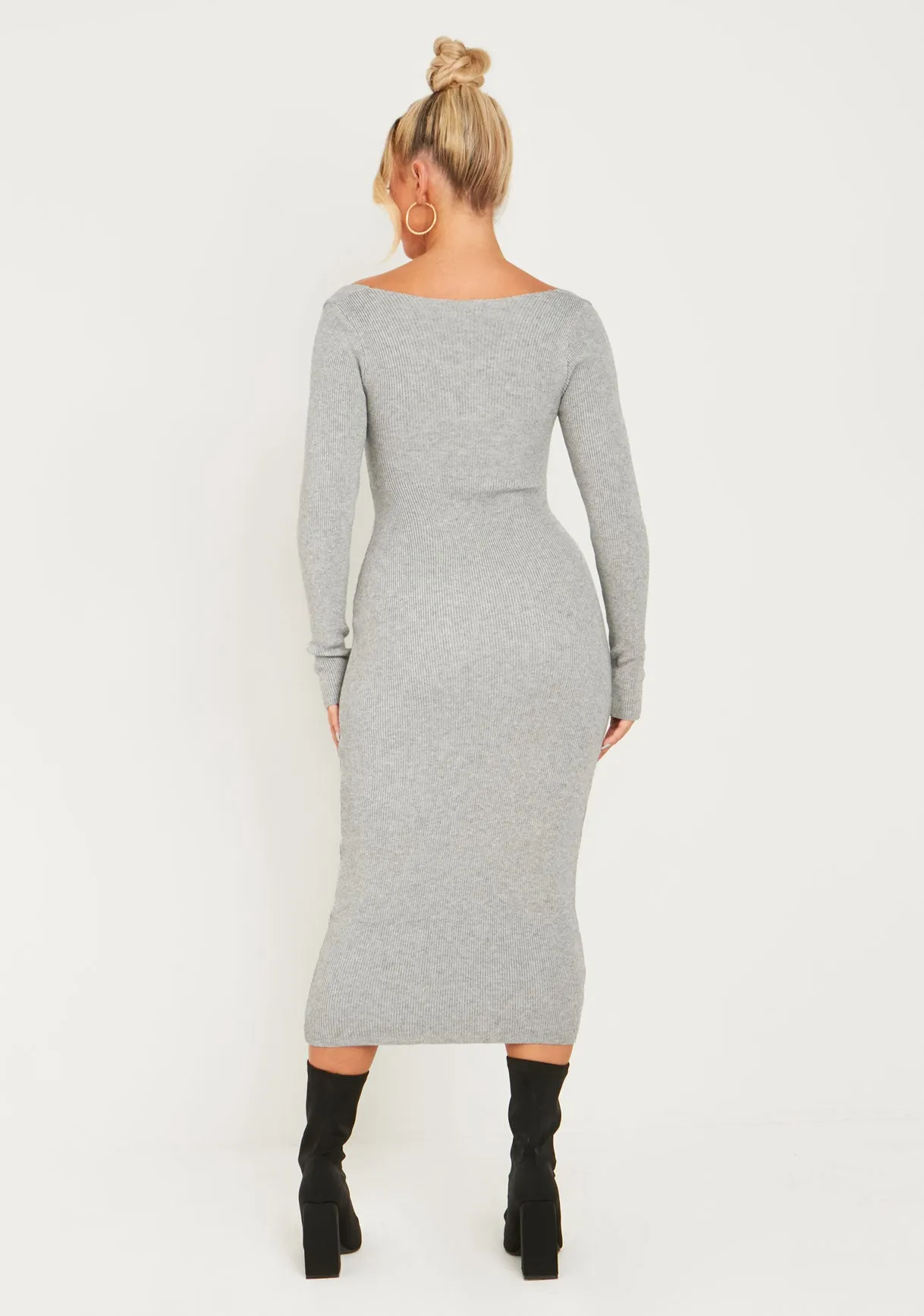 Kim Light Grey Knit Square Neck Long Sleeve Midi Dress