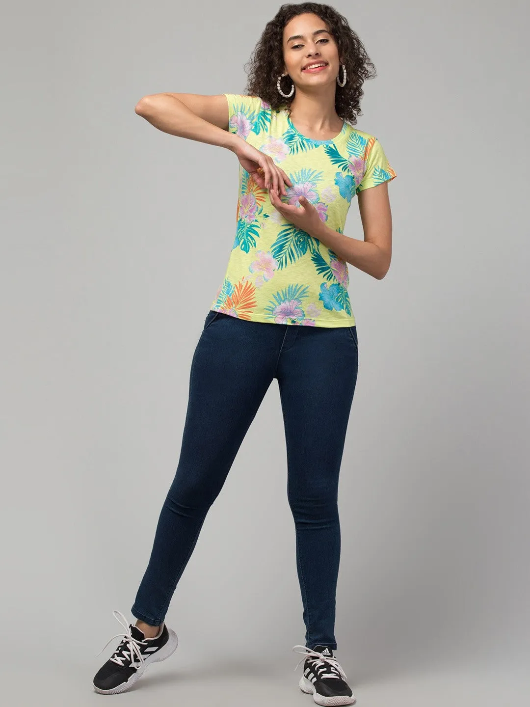 Lime Green Floral Print  T-shirt