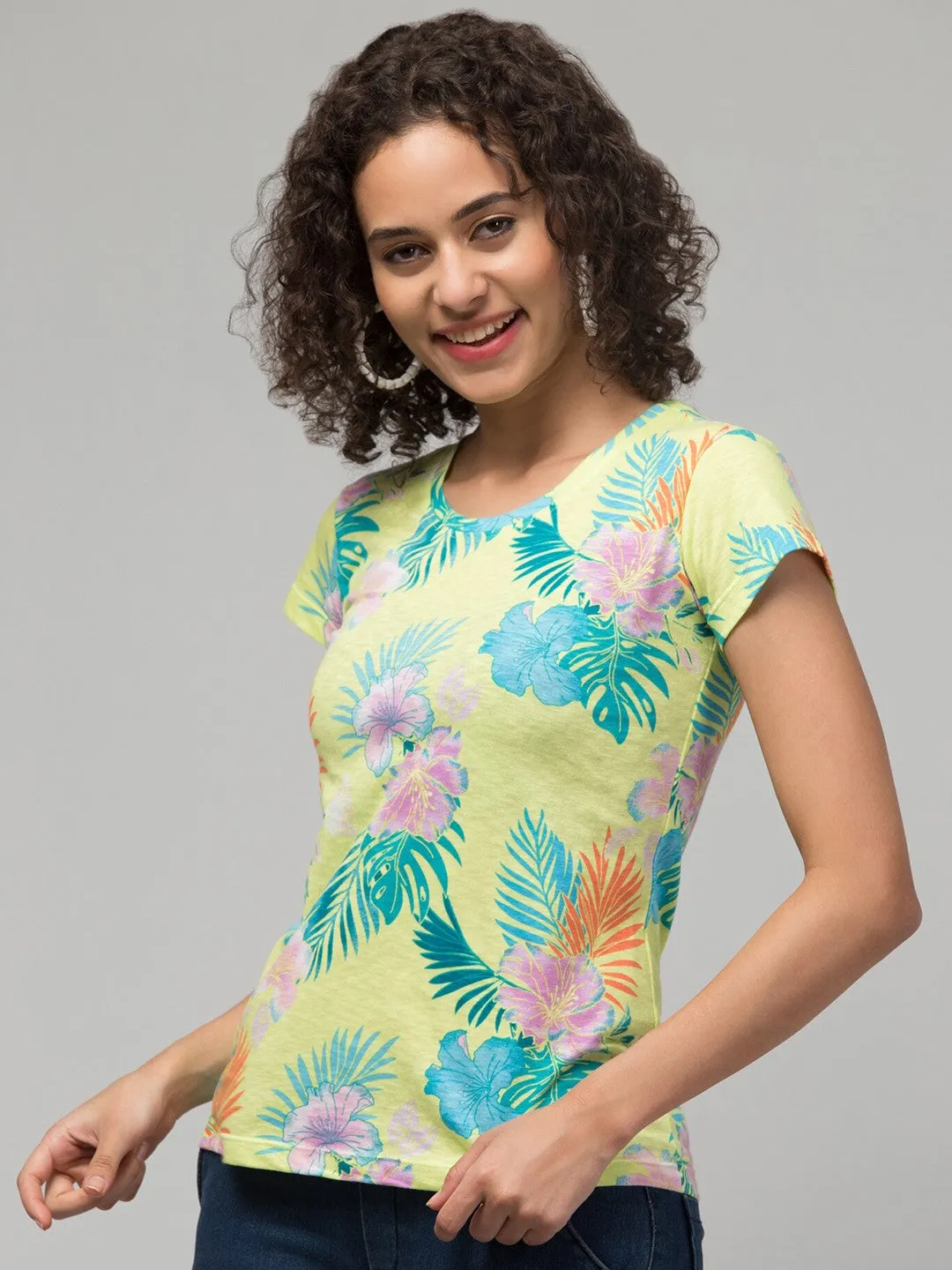 Lime Green Floral Print  T-shirt