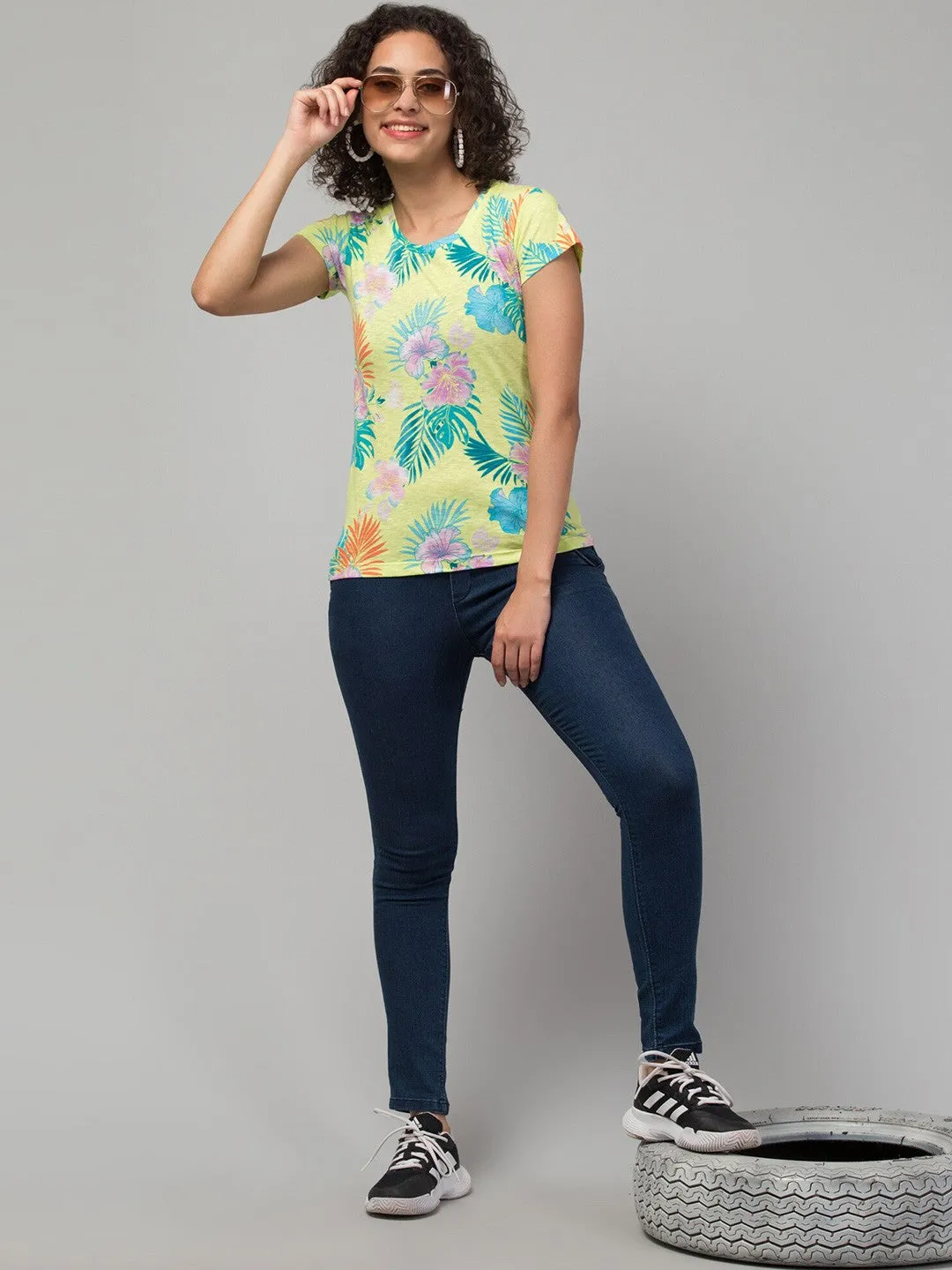 Lime Green Floral Print  T-shirt