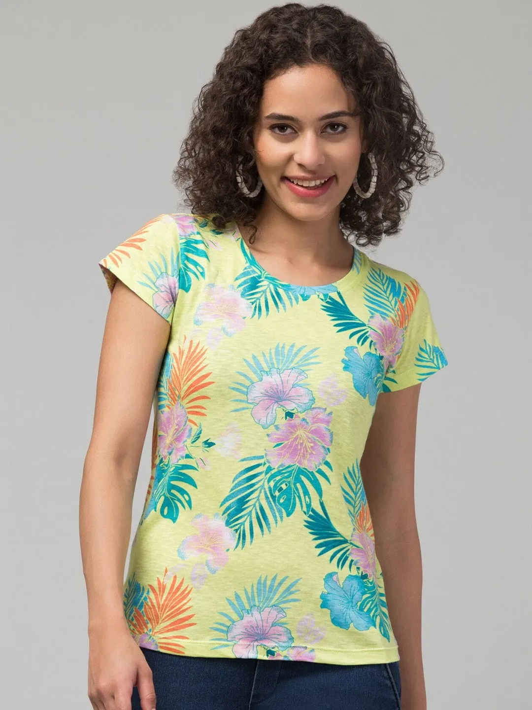 Lime Green Floral Print  T-shirt