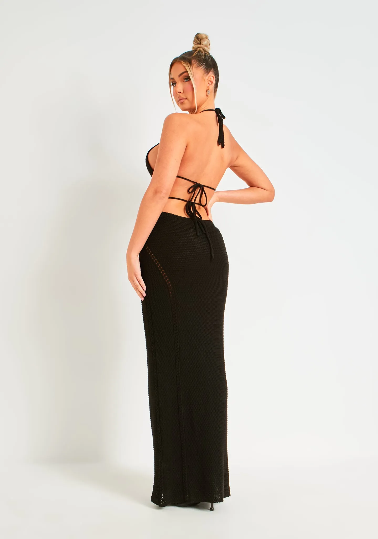 Madison Black Crochet Knit Halterneck Backless Maxi Dress