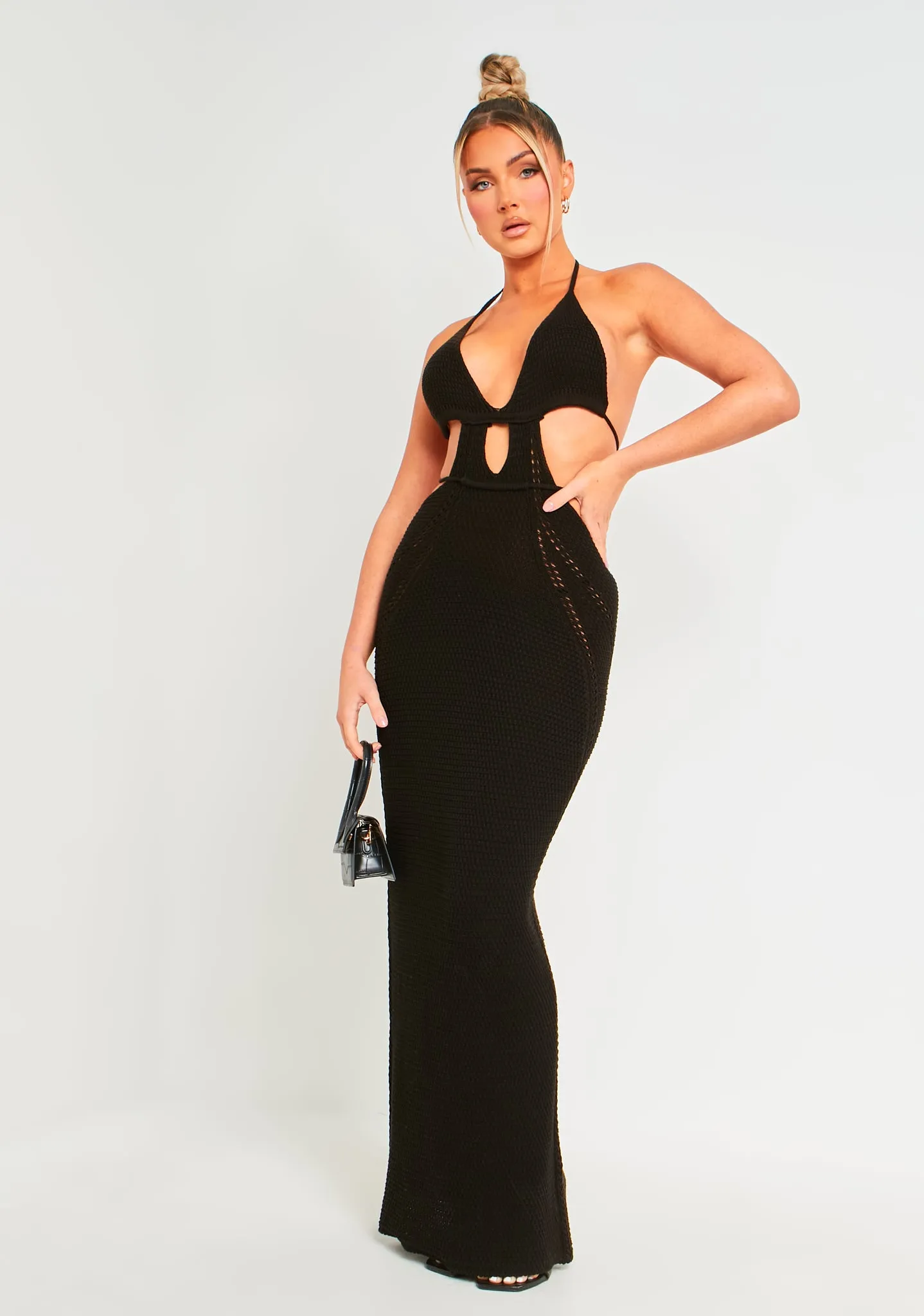 Madison Black Crochet Knit Halterneck Backless Maxi Dress