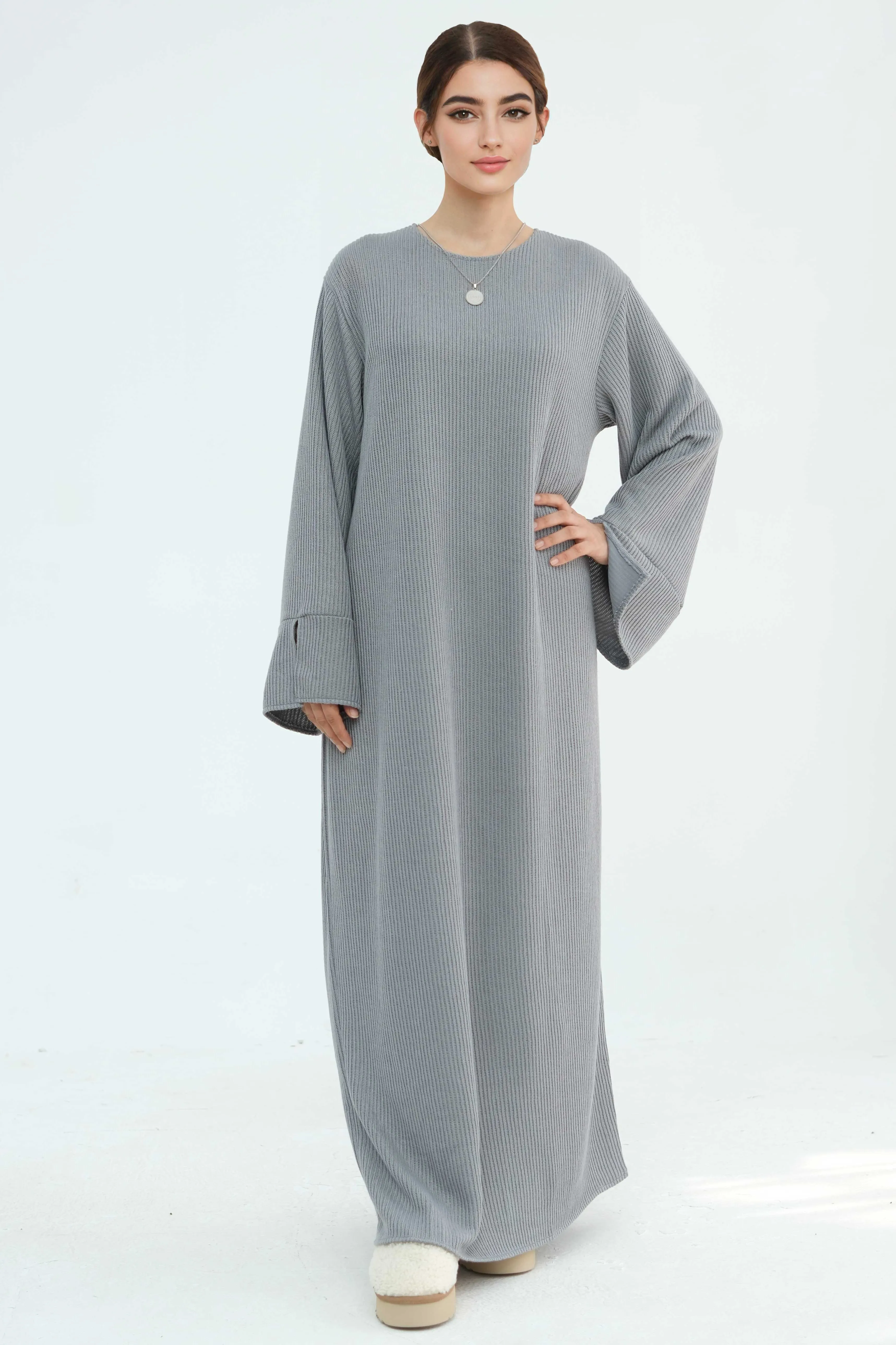NOOR Knit Maxi Dress Abaya 912 - Light Gray
