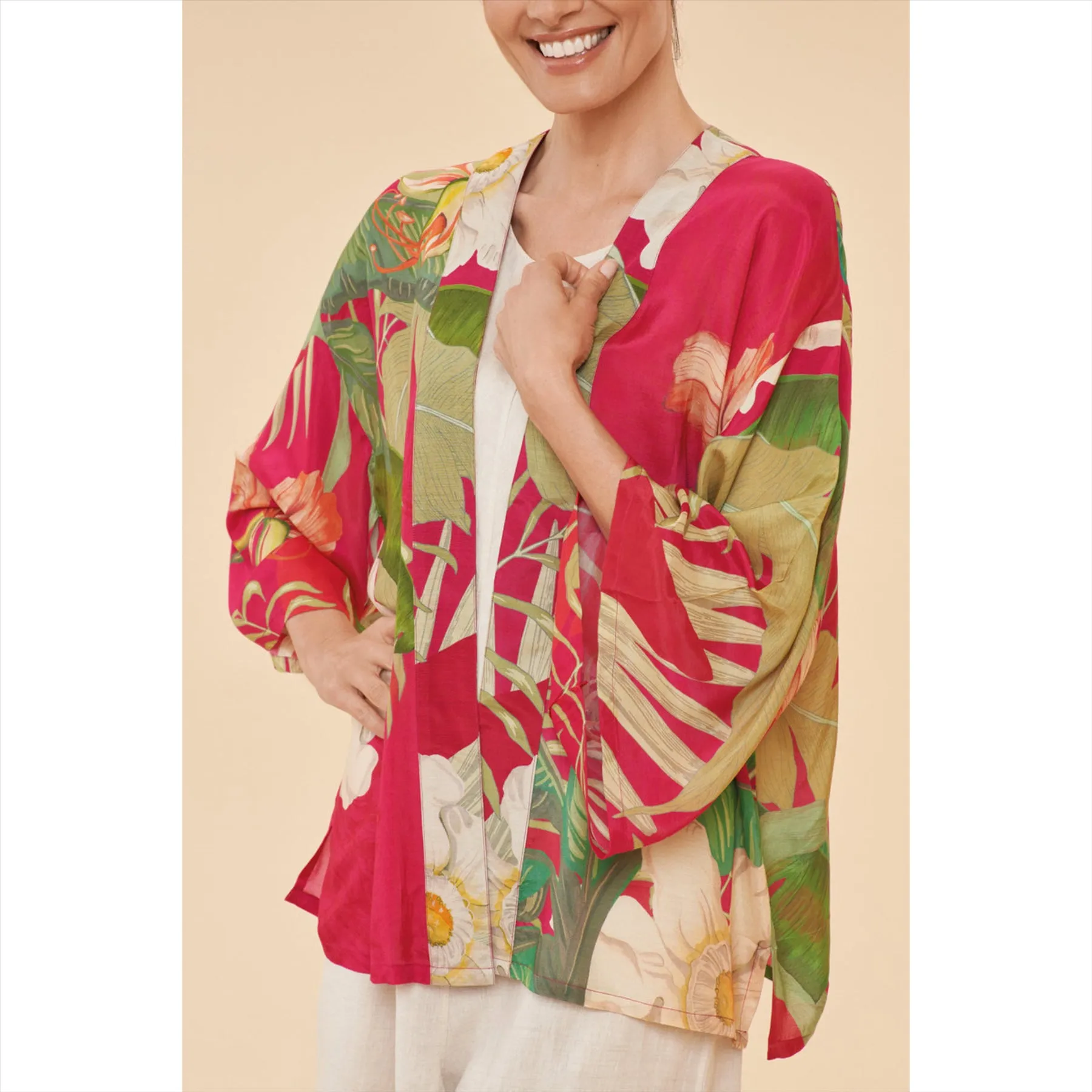 Powder Delicate Tropical Kimono Jacket | Dark Rose