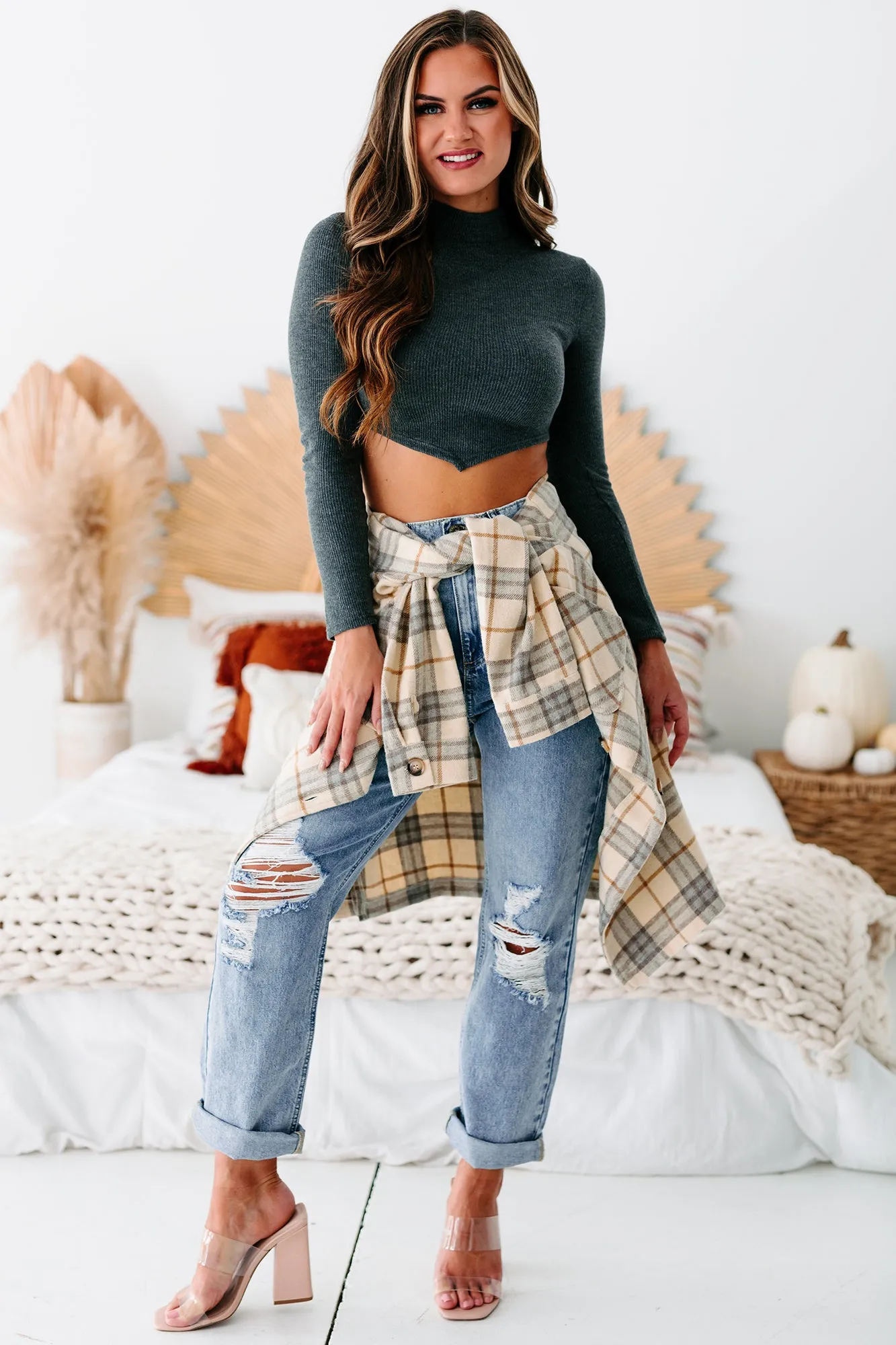 Social Occasions Plaid Button-Down Shacket (Almond)
