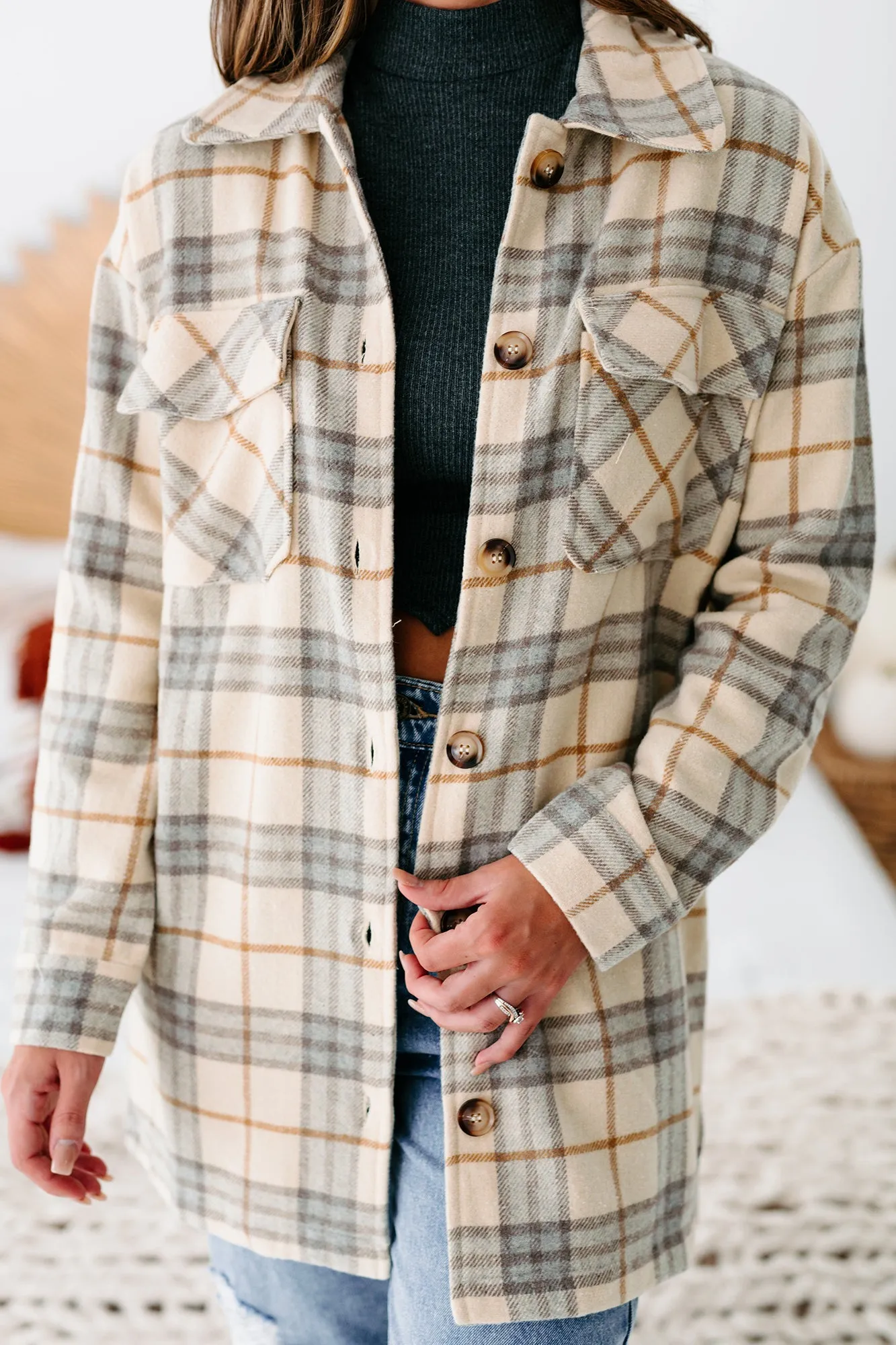 Social Occasions Plaid Button-Down Shacket (Almond)