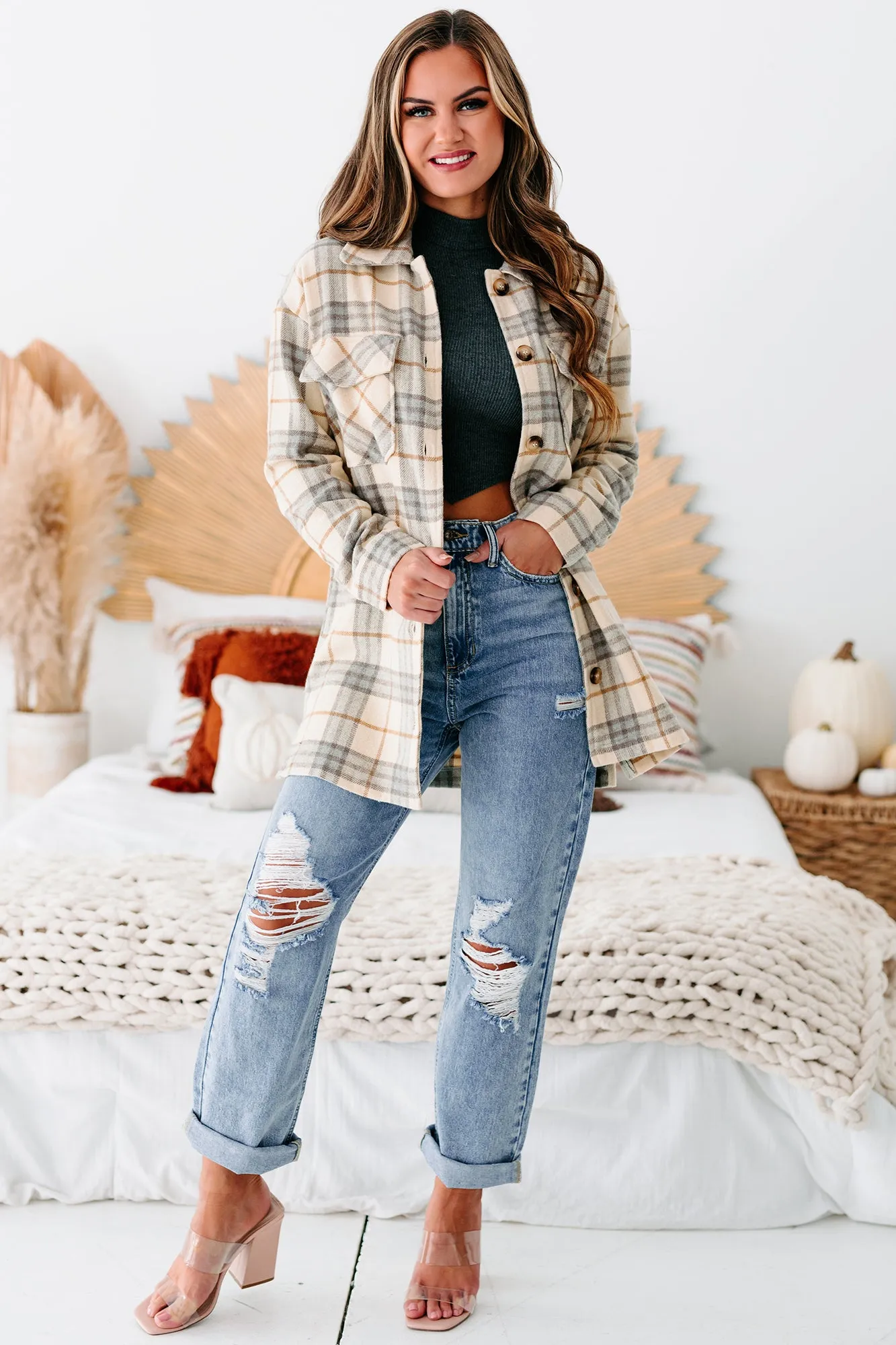 Social Occasions Plaid Button-Down Shacket (Almond)