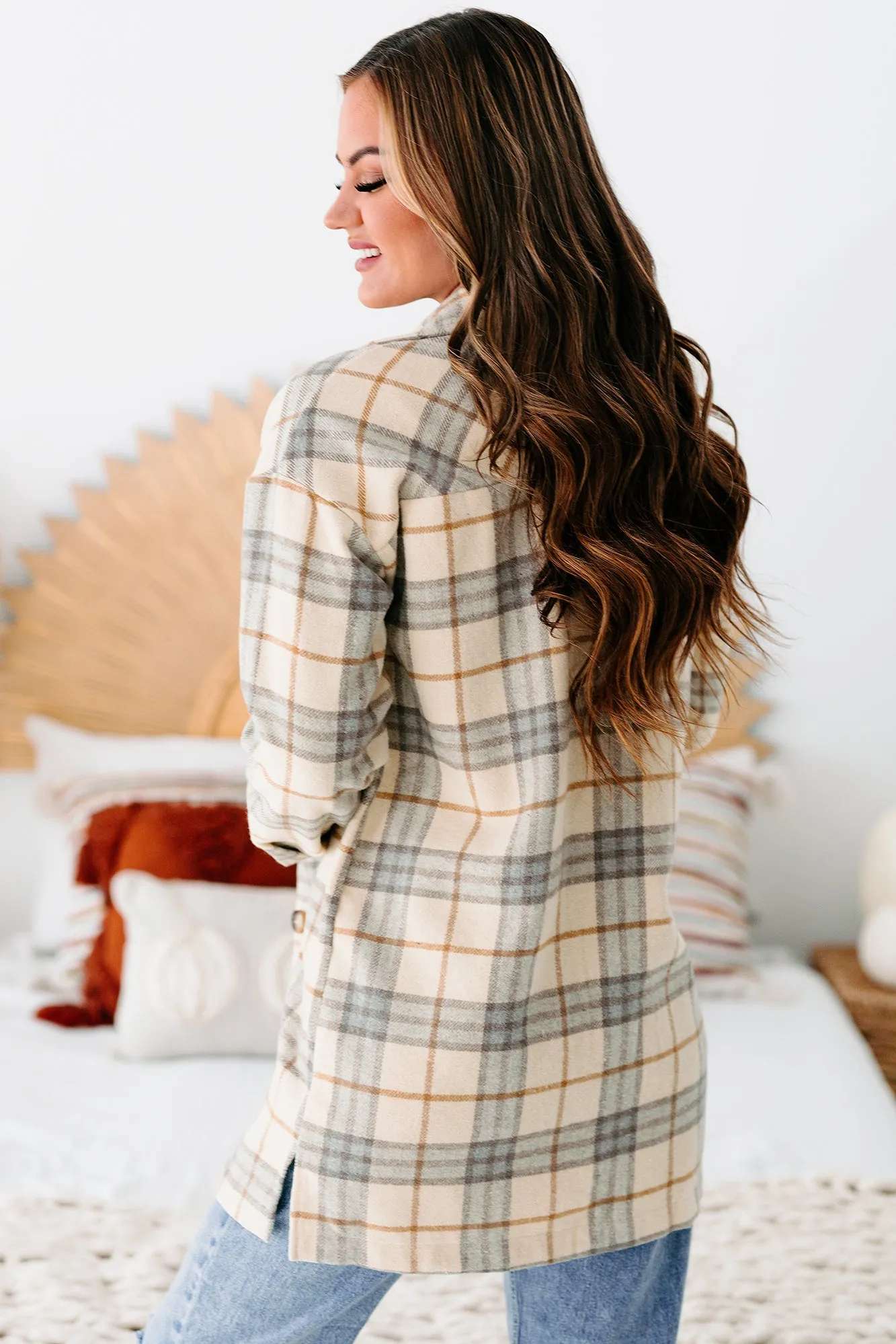 Social Occasions Plaid Button-Down Shacket (Almond)