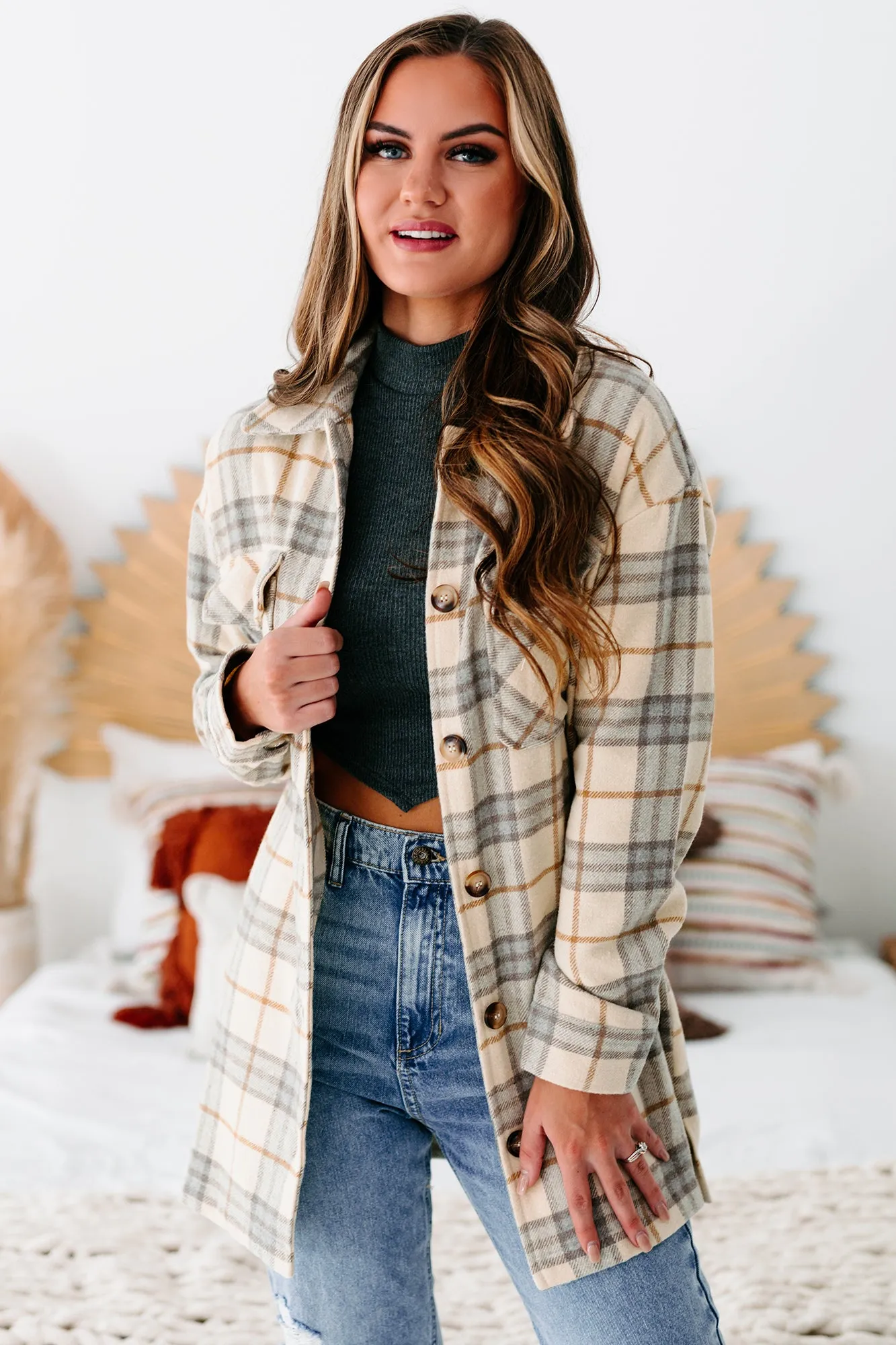 Social Occasions Plaid Button-Down Shacket (Almond)