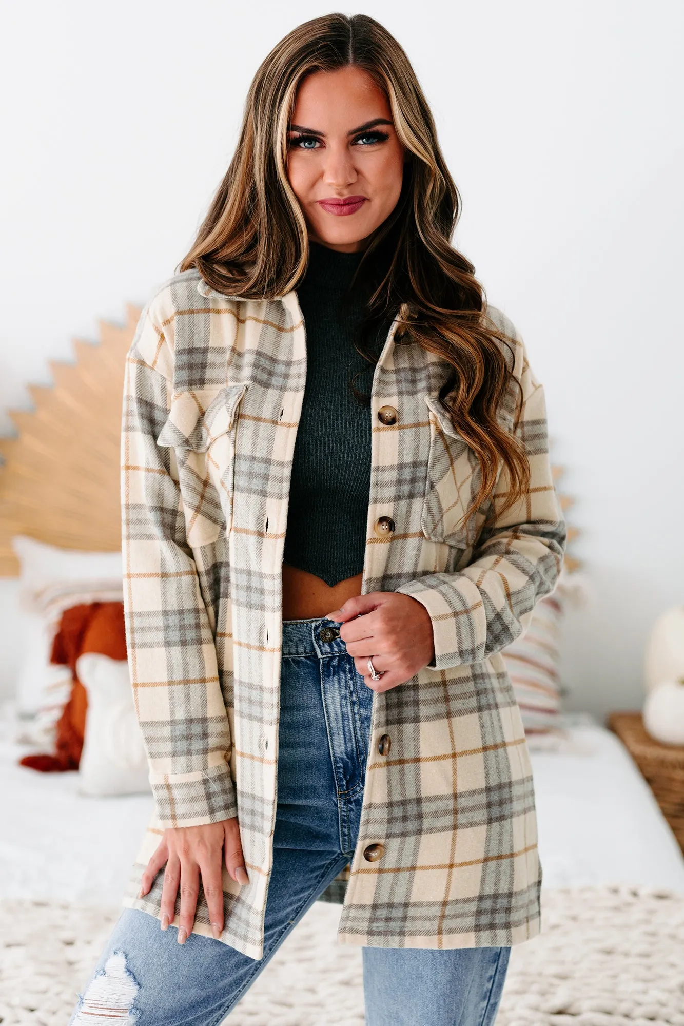 Social Occasions Plaid Button-Down Shacket (Almond)