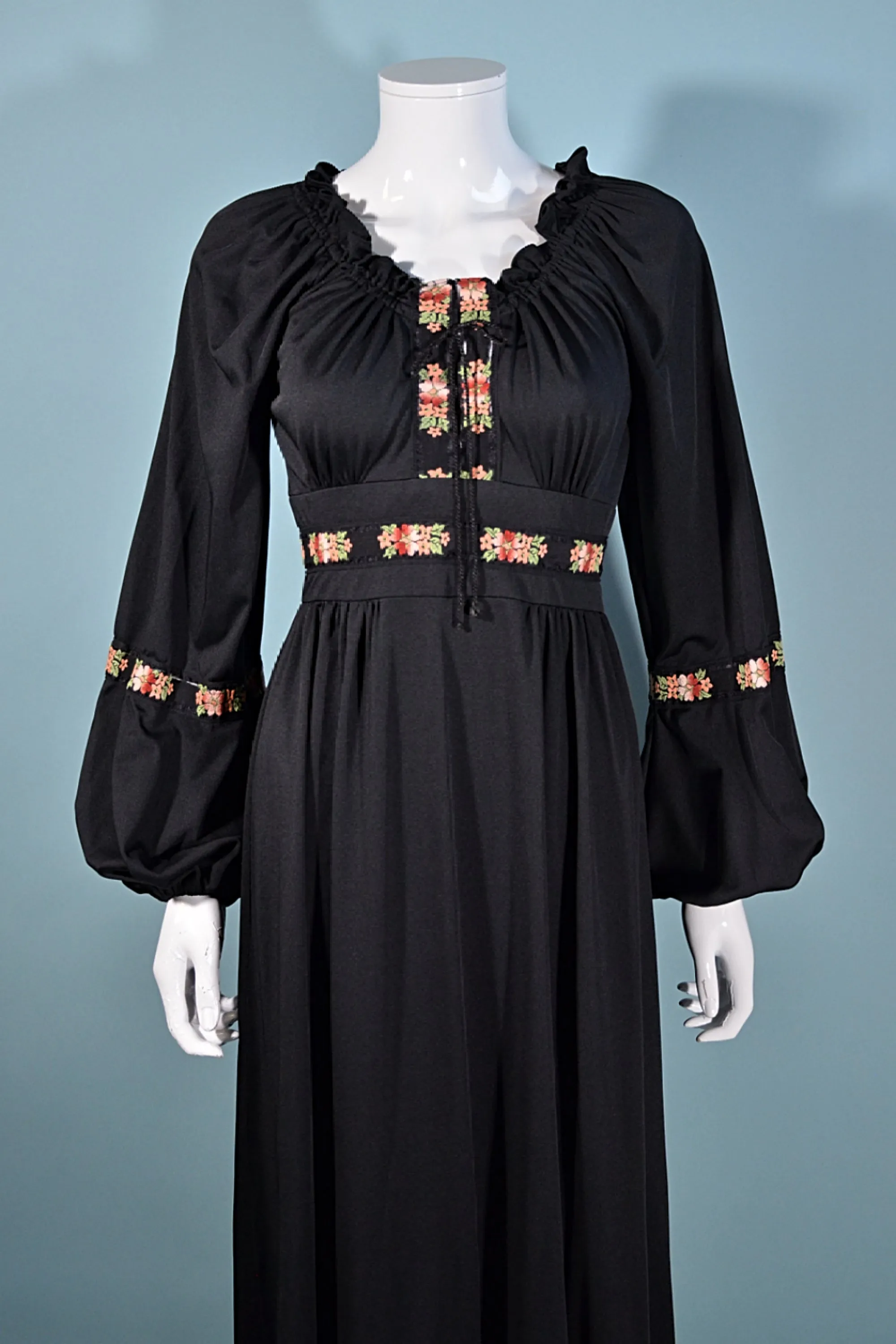 SOLD Vintage 70s Black Hippie Maxi Dress, Floral Accents by Jody of Calif XS/S
