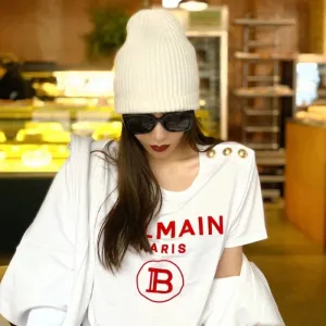 T Shirt Balmain Short Sleeve Half Sleeve Red Flocking Letters