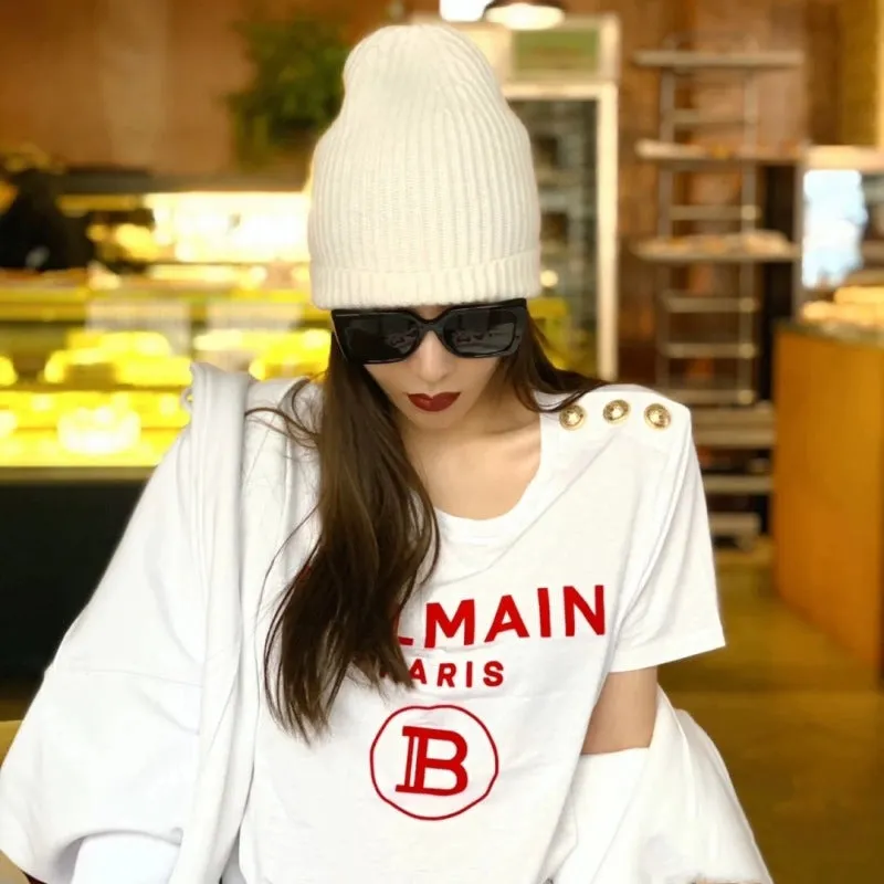T Shirt Balmain Short Sleeve Half Sleeve Red Flocking Letters