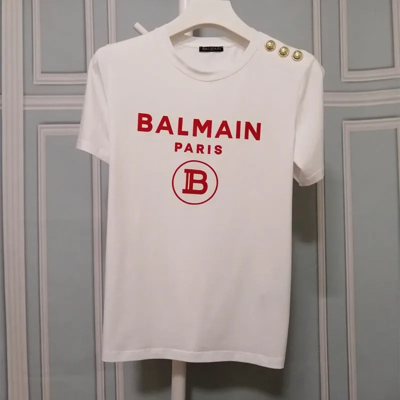 T Shirt Balmain Short Sleeve Half Sleeve Red Flocking Letters